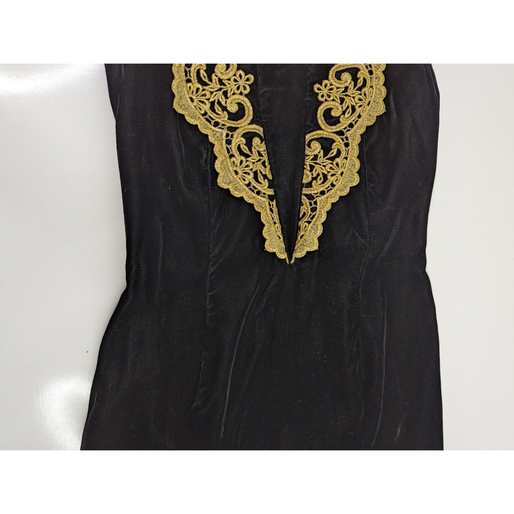 Jessica McClintock Gunne Sax 7/8 Black Velvet Gold Applique Halter Mini Dress 90 - Picture 4 of 11